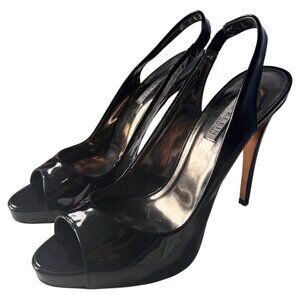 Anne Klein Black Patent Leather Peep-Toe Slingback Heels